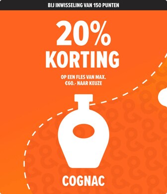Bij inwisseling van 150 punten krijg je 20% korting op een fles cognac van max 60 euro.